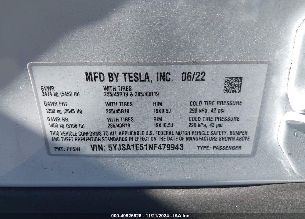 2022 TESLA MODEL S DUAL MOTOR ALL-WHEEL DRIVE VIN: 5YJSA1E51NF479943