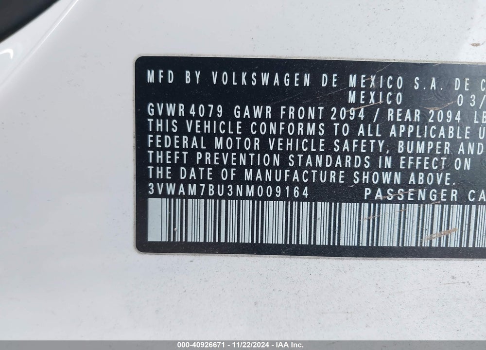 2022 VOLKSWAGEN JETTA VIN: 3VWAM7BU3NM009164