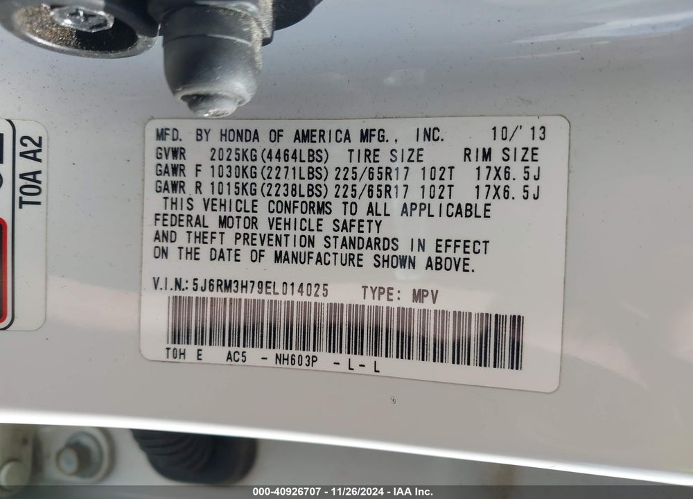 2014 HONDA CR-V EX-L VIN: 5J6RM3H79EL014025