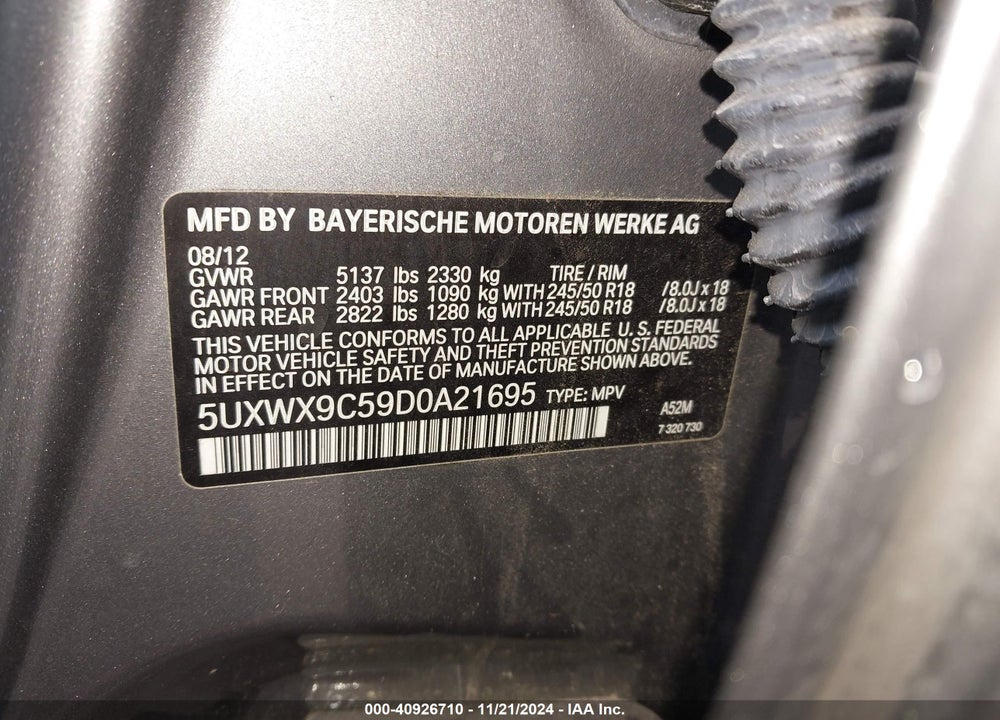 2013 BMW X3 XDRIVE28I VIN: 5UXWX9C59D0A21695