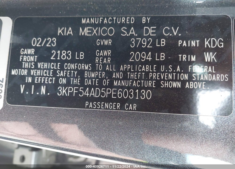 2023 KIA FORTE GT LINE VIN: 3KPF54AD5PE603130