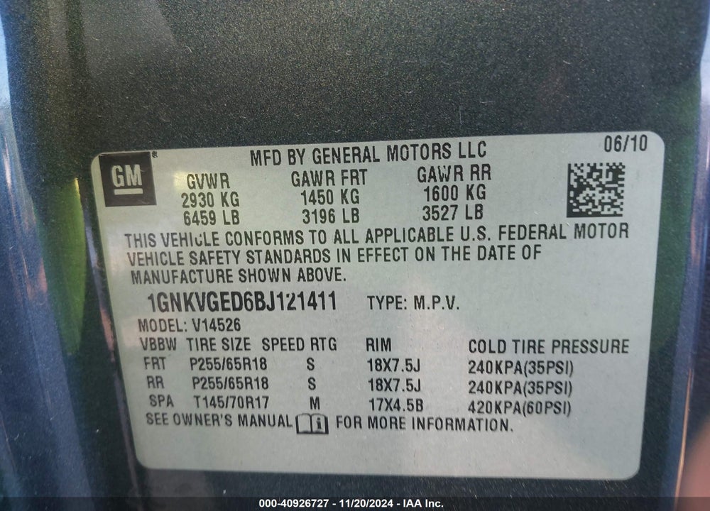 2011 CHEVROLET TRAVERSE 1LT VIN: 1GNKVGED6BJ121411