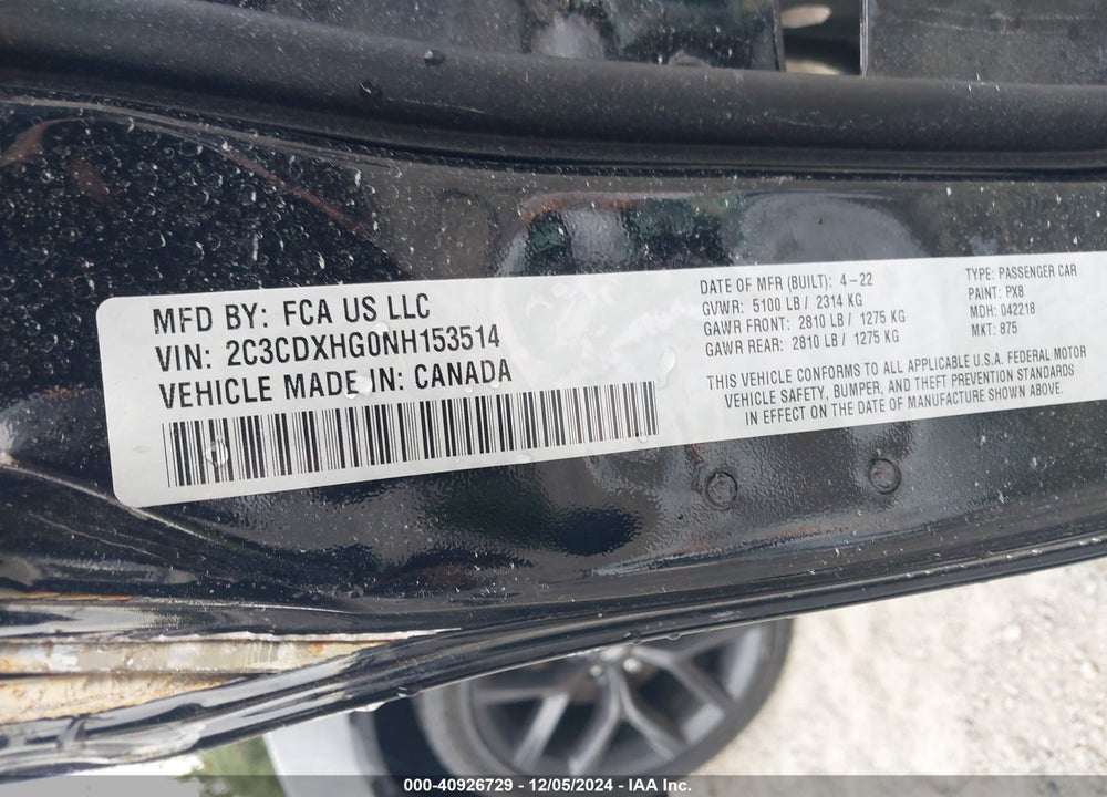 2022 DODGE CHARGER VIN: 2C3CDXHG0NH153514