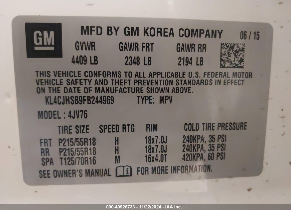 2015 BUICK ENCORE PREMIUM VIN: KL4CJHSB9FB244969