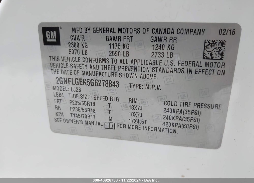 2016 CHEVROLET EQUINOX LTZ VIN: 2GNFLGEK5G6278843