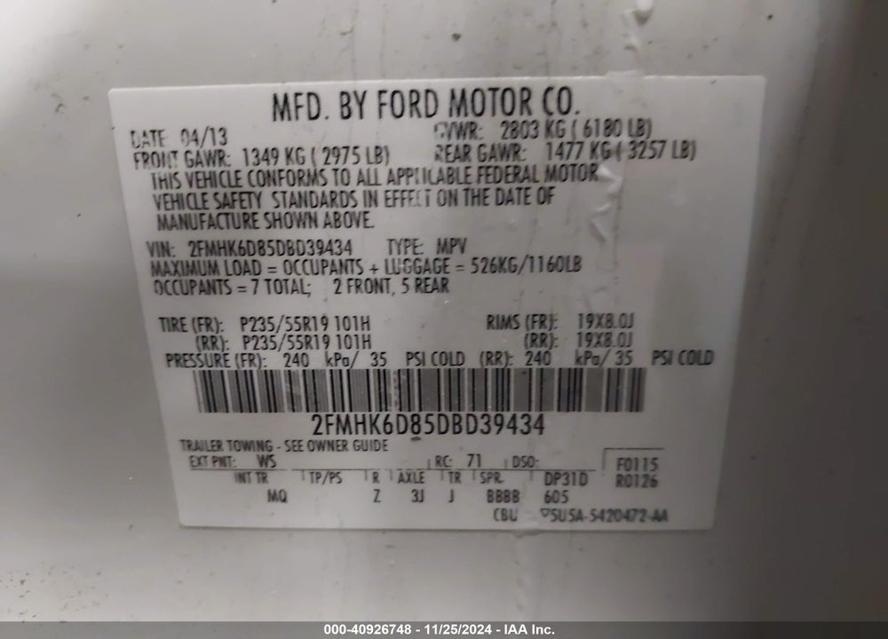 2013 FORD FLEX LIMITED VIN: 2FMHK6D85DBD39434