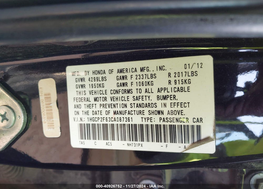 2012 HONDA ACCORD 2.4 SE VIN: 1HGCP2F63CA087361