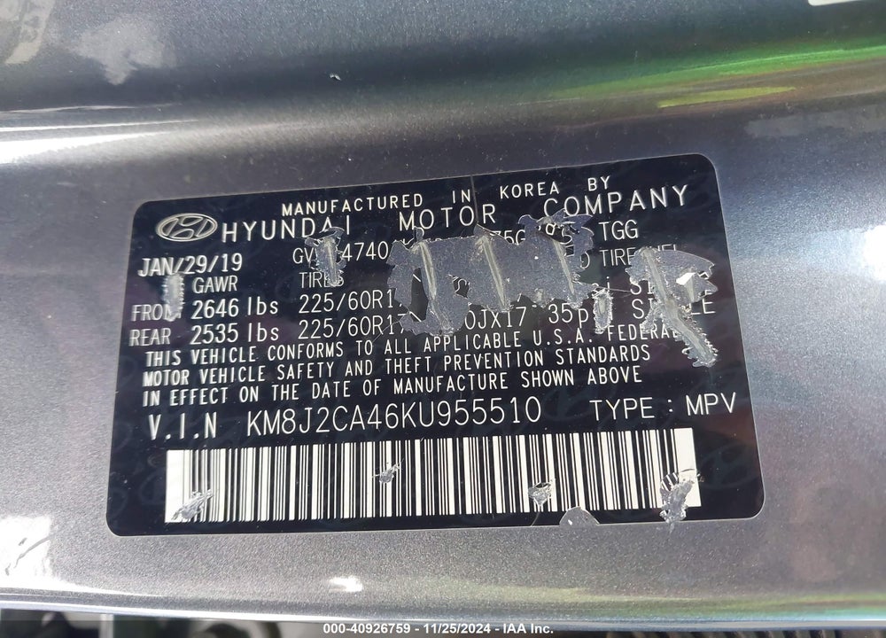 2019 HYUNDAI TUCSON SE VIN: KM8J2CA46KU955510
