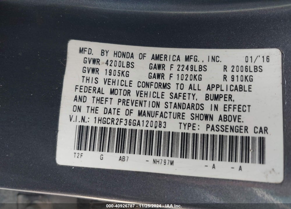 2016 HONDA ACCORD LX VIN: 1HGCR2F36GA120083