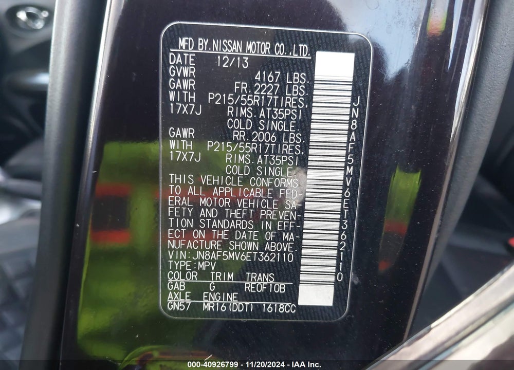 2014 NISSAN JUKE SL VIN: JN8AF5MV6ET362110