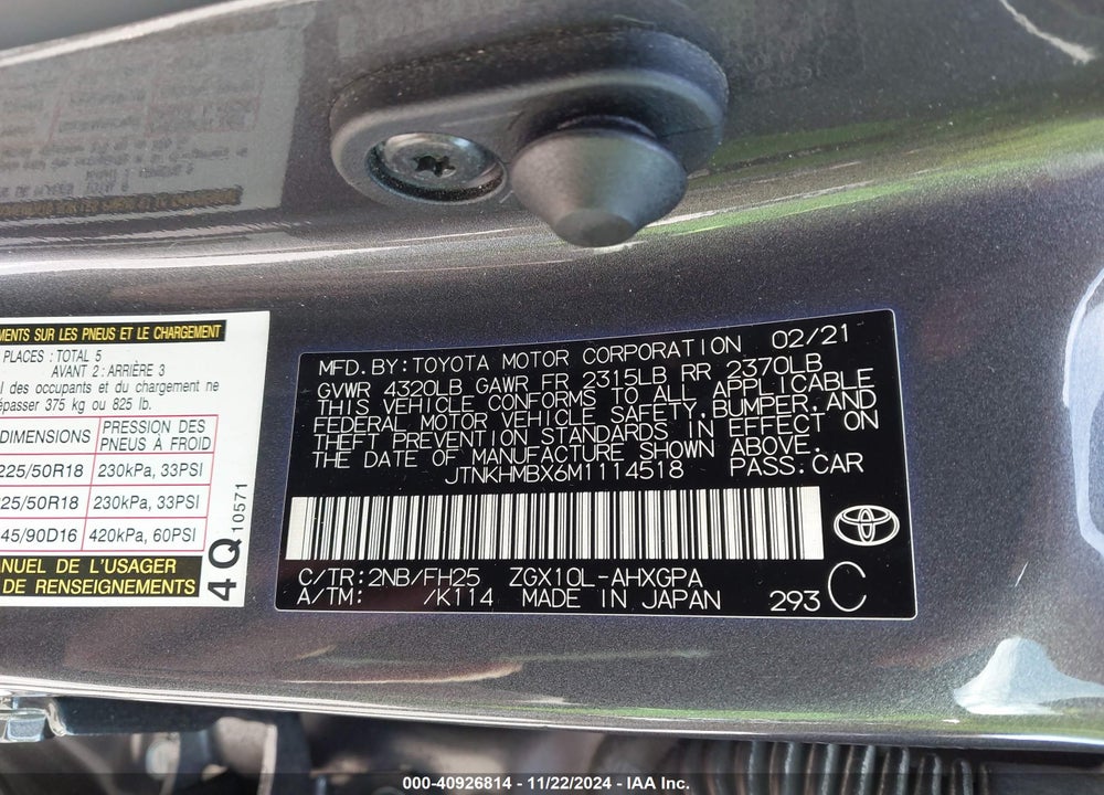 2021 TOYOTA C-HR NIGHTSHADE EDITION VIN: JTNKHMBX6M1114518