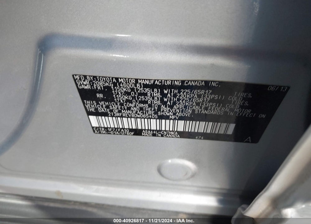 2013 TOYOTA RAV4 XLE VIN: 2T3RFREV8DW065405