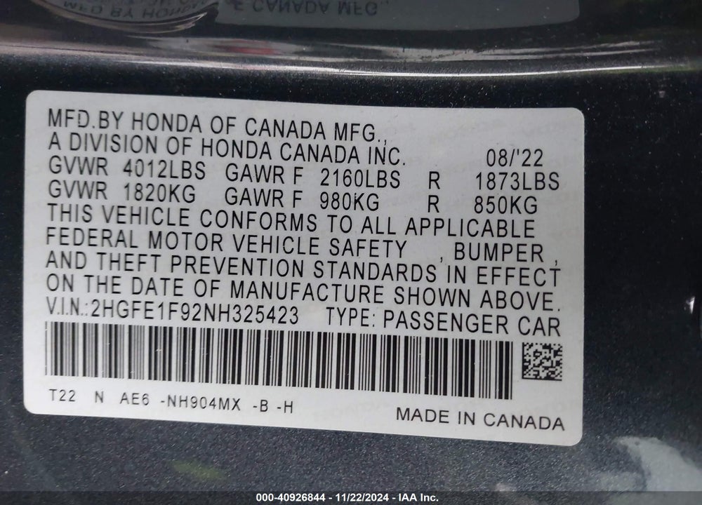 2022 HONDA CIVIC TOURING VIN: 2HGFE1F92NH325423