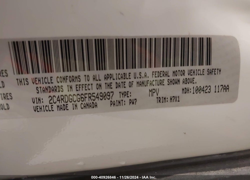 2015 DODGE GRAND CARAVAN SXT VIN: 2C4RDGCG6FR549097