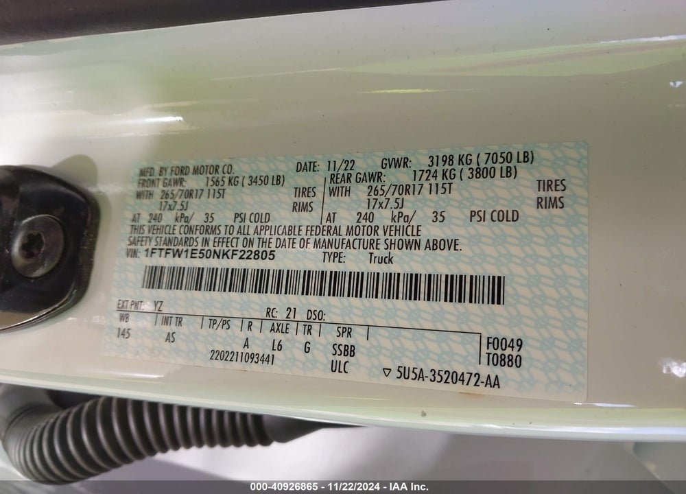 2022 FORD F-150 XL VIN: 1FTFW1E50NKF22805