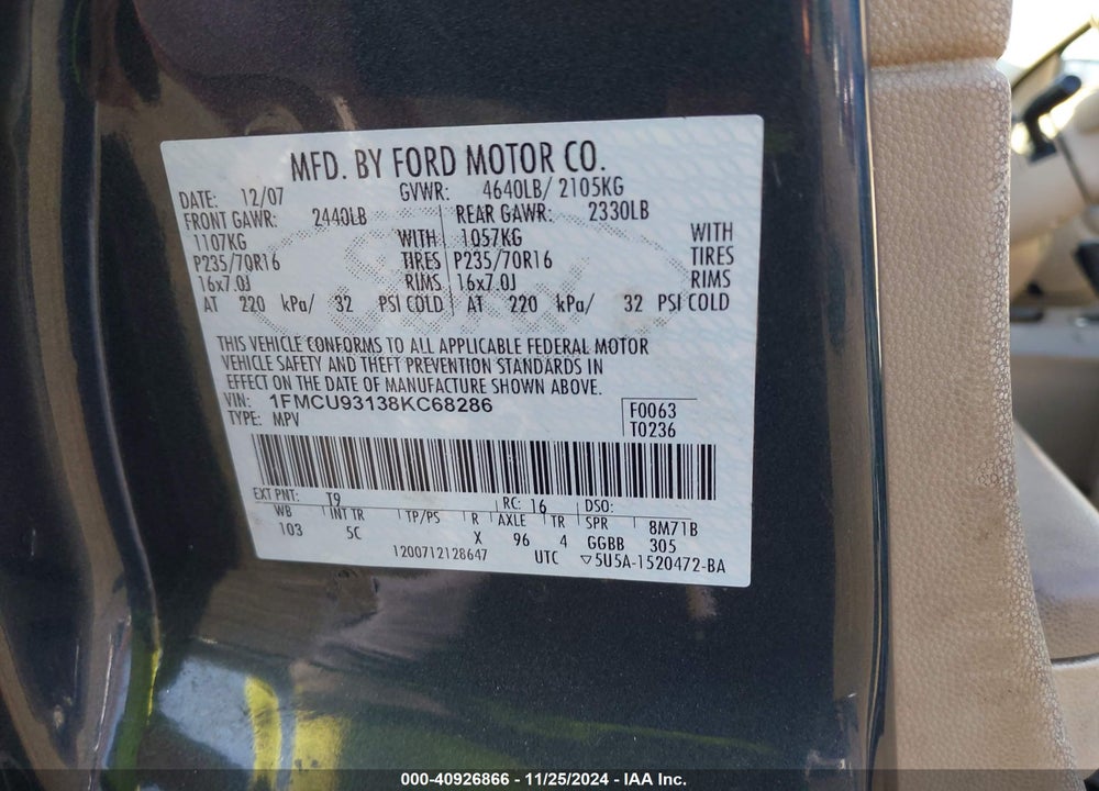 2008 FORD ESCAPE XLT VIN: 1FMCU93138KC68286