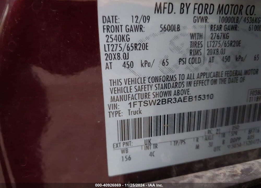 2010 FORD F-250 CABELA'S/HARLEY-DAVIDSON/KING RANCH/LARIAT/XL/XLT VIN: 1FTSW2BR3AEB15310
