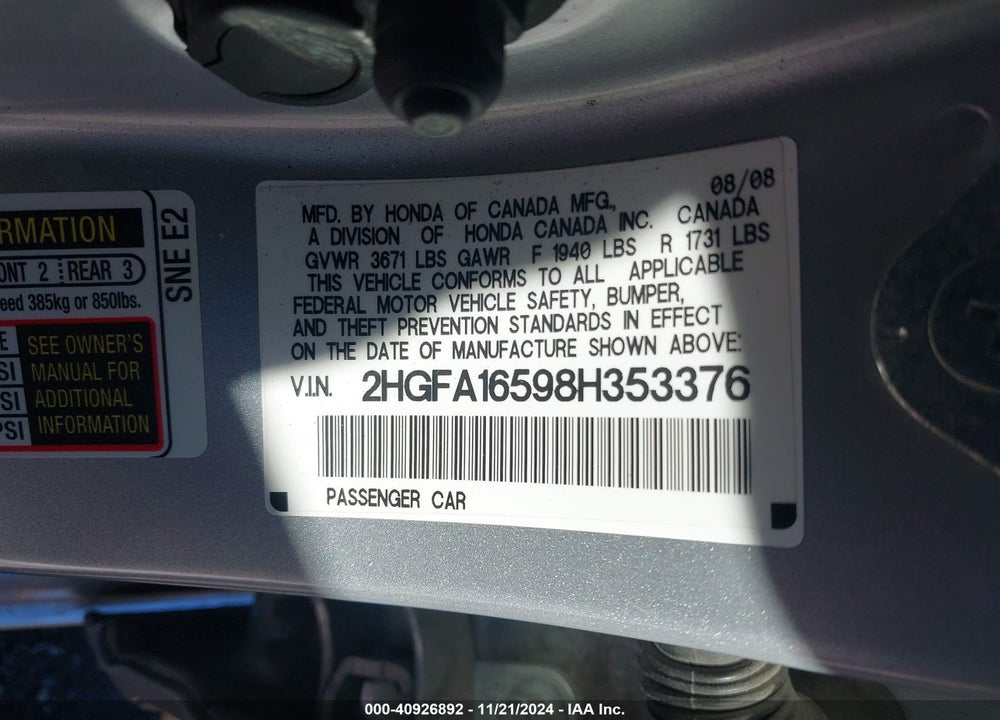 2008 HONDA CIVIC LX VIN: 2HGFA16598H353376