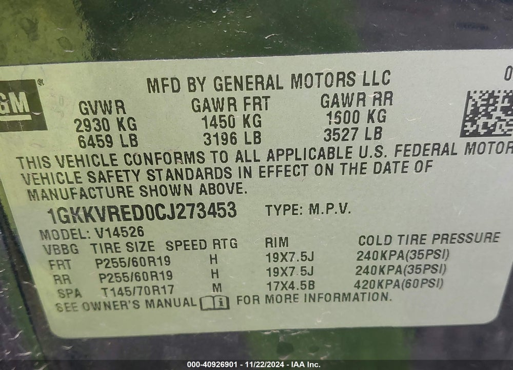 2012 GMC ACADIA SLT-1 VIN: 1GKKVRED0CJ273453