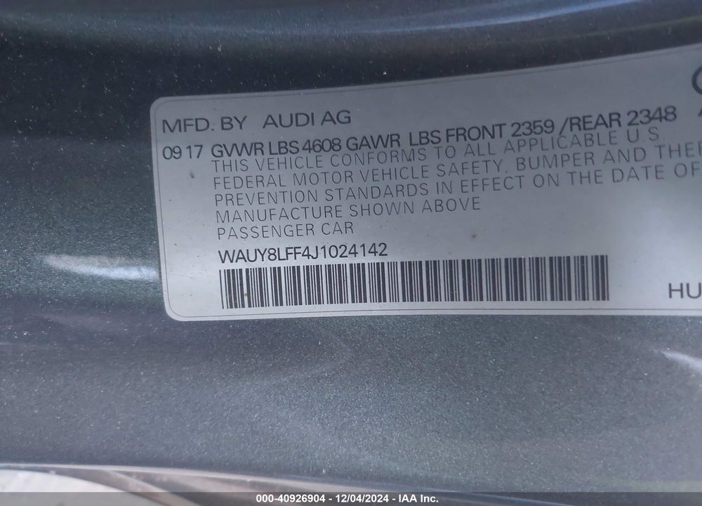 2018 AUDI A3 CABRIOLET VIN: WAUY8LFF4J1024142