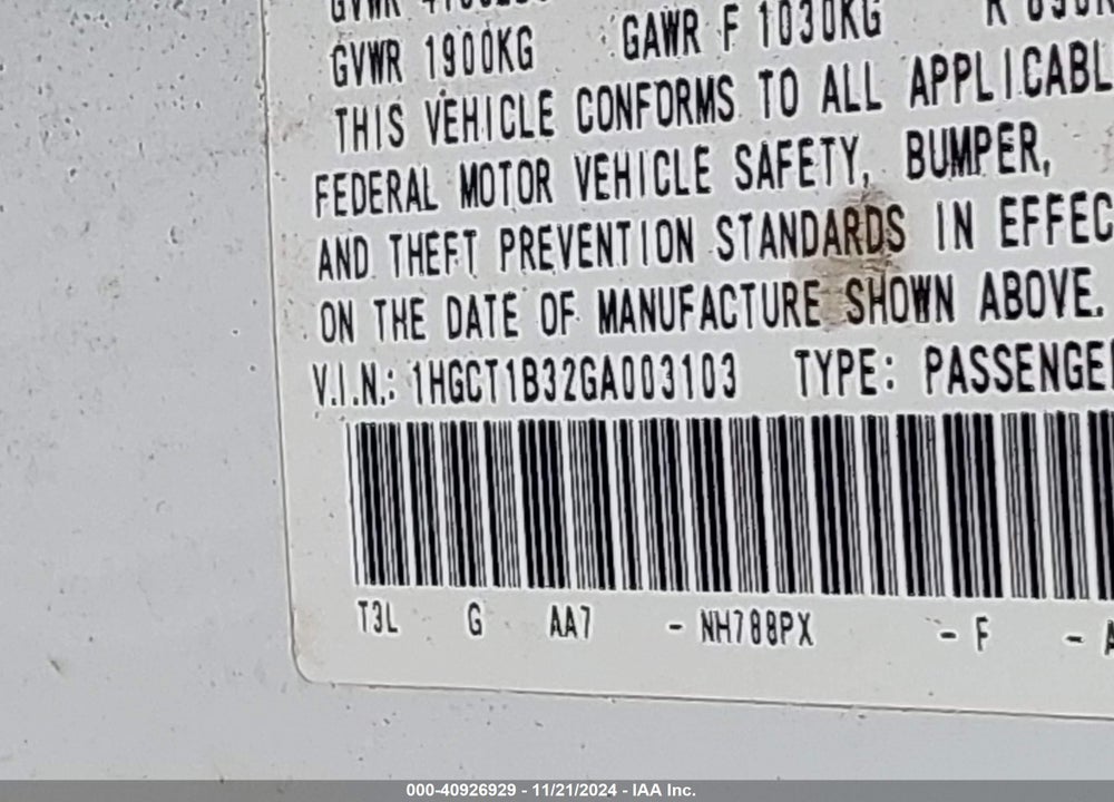 2016 HONDA ACCORD VIN: 1HGCT1B32GA003103