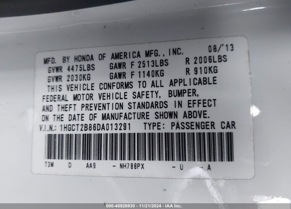 2013 HONDA ACCORD EX-L V-6 VIN: 1HGCT2B86DA013291