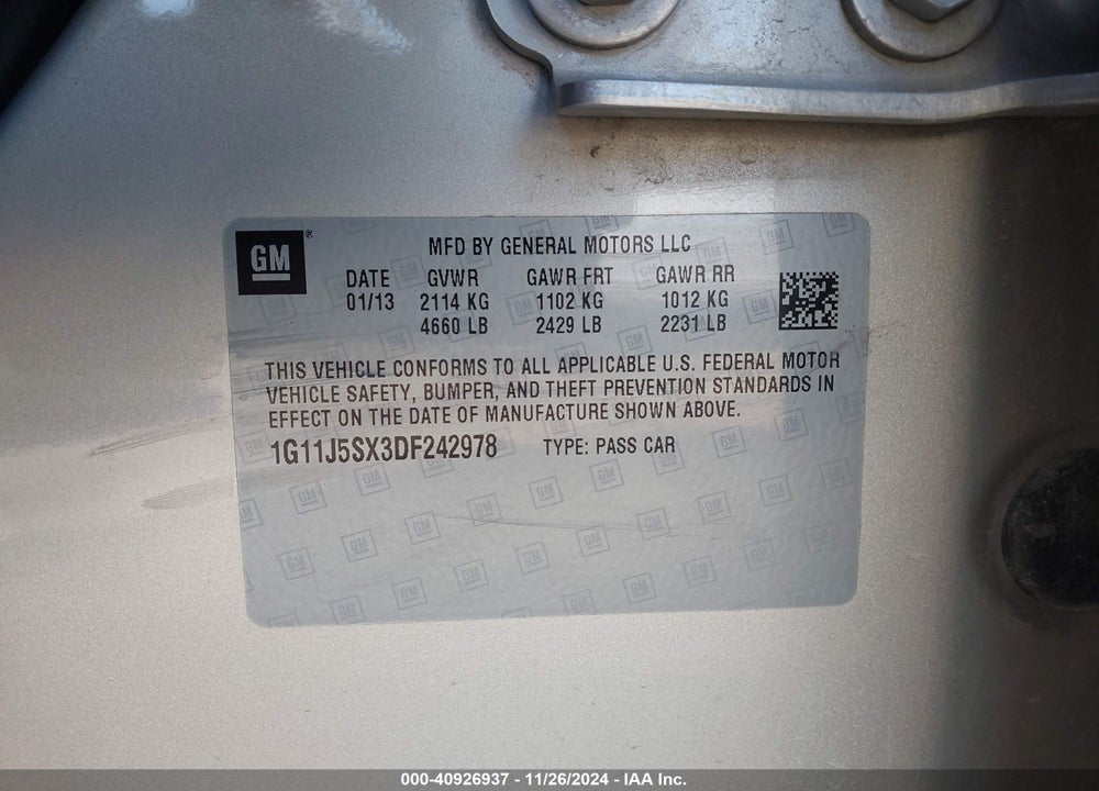 2013 CHEVROLET MALIBU 2LZ VIN: 1G11J5SX3DF242978