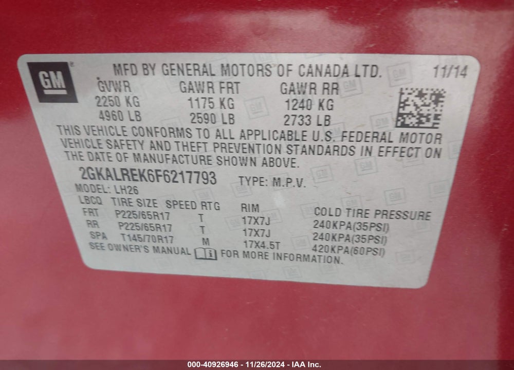 2015 GMC TERRAIN SLE-2 VIN: 2GKALREK6F6217793