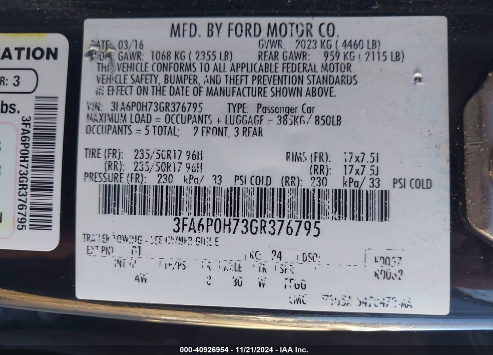 2016 FORD FUSION VIN: 3FA6P0H73GR376795