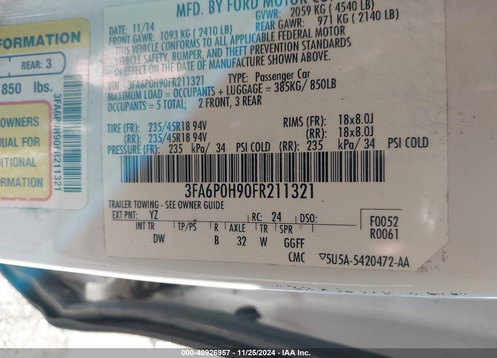 2015 FORD FUSION SE VIN: 3FA6P0H90FR211321