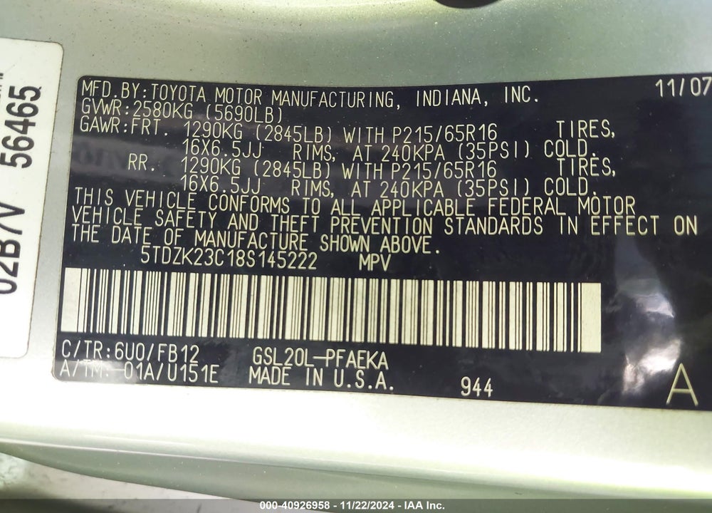 2008 TOYOTA SIENNA CE VIN: 5TDZK23C18S145222