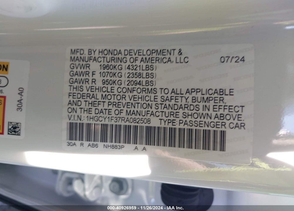 2024 HONDA ACCORD VIN: 1HGCY1F37RA082508