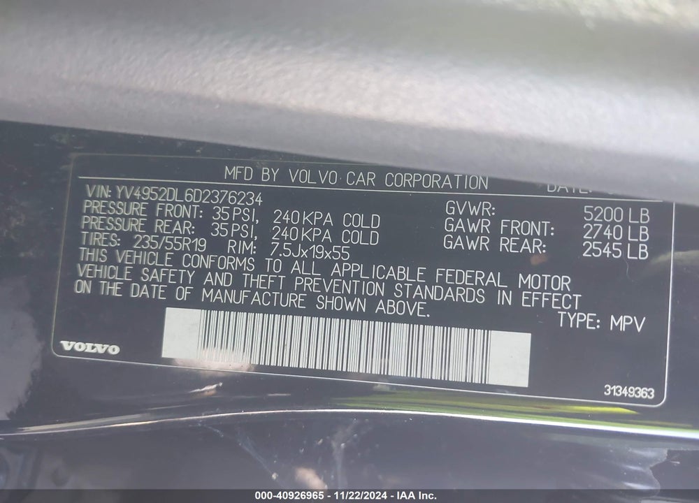 2013 VOLVO XC60 3.2/3.2 PLATINUM/3.2 PREMIER/3.2 PREMIER PLUS VIN: YV4952DL6D2376234