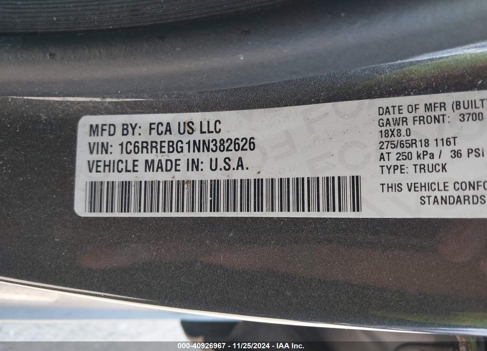 2022 RAM 1500 LONE STAR 4X2 6'4 BOX VIN: 1C6RREBG1NN382626