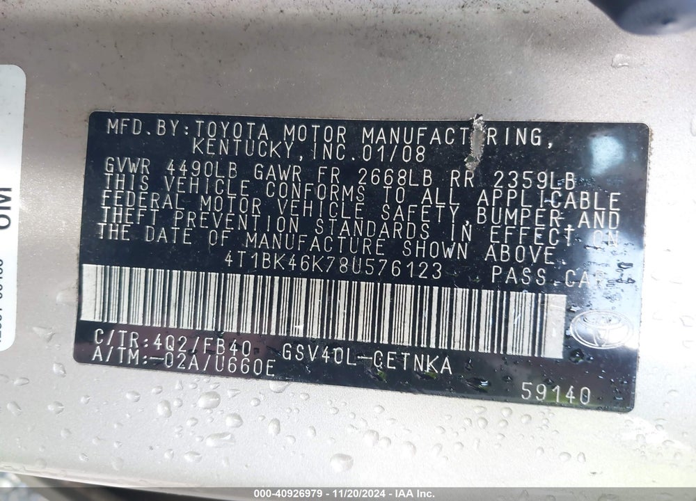 2008 TOYOTA CAMRY LE V6 VIN: 4T1BK46K78U576123