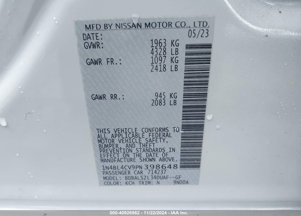 2023 NISSAN ALTIMA SR FWD VIN: 1N4BL4CV9PN398648