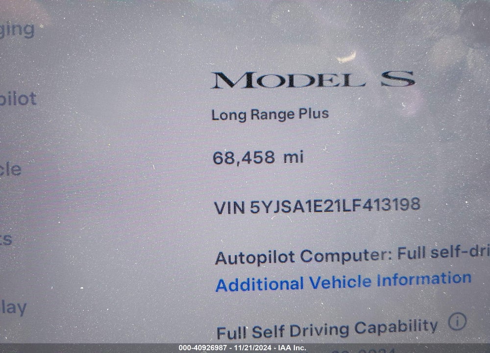 2020 TESLA MODEL S VIN: 5YJSA1E21LF413198