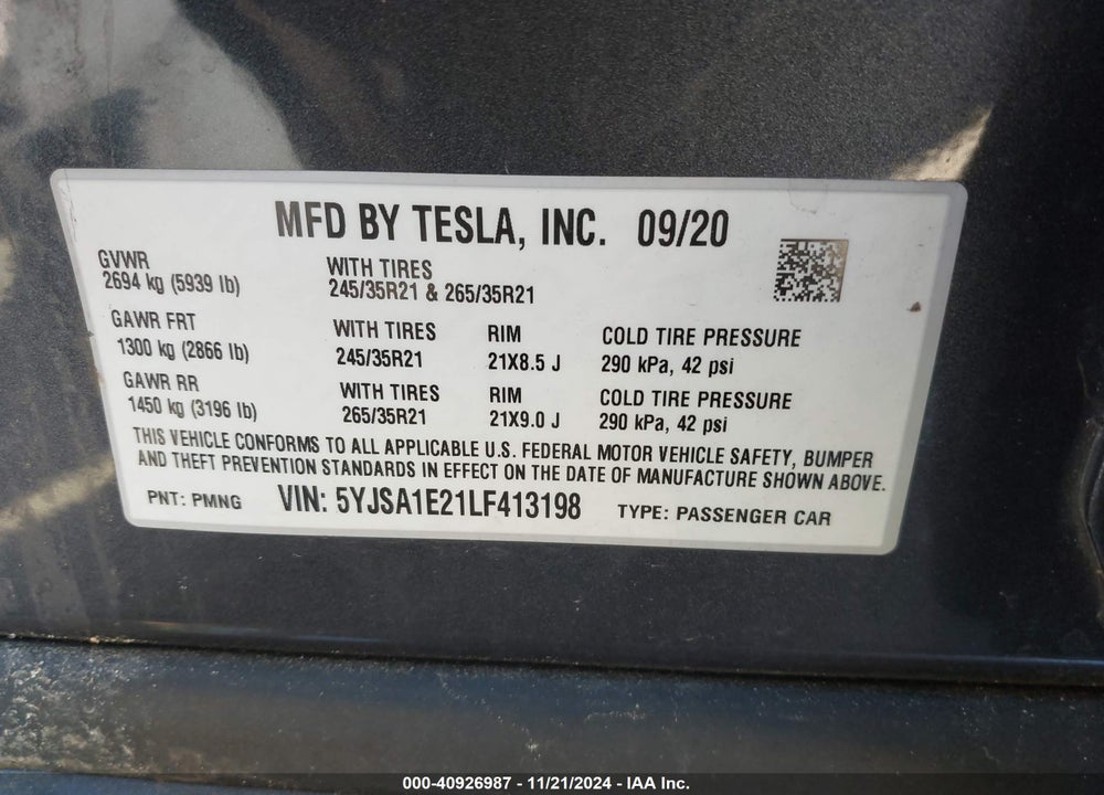 2020 TESLA MODEL S VIN: 5YJSA1E21LF413198