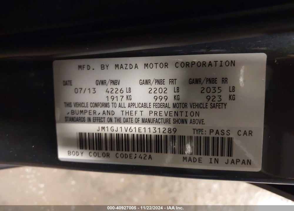 2014 MAZDA 6 I TOURING VIN: JM1GJ1V61E1131289