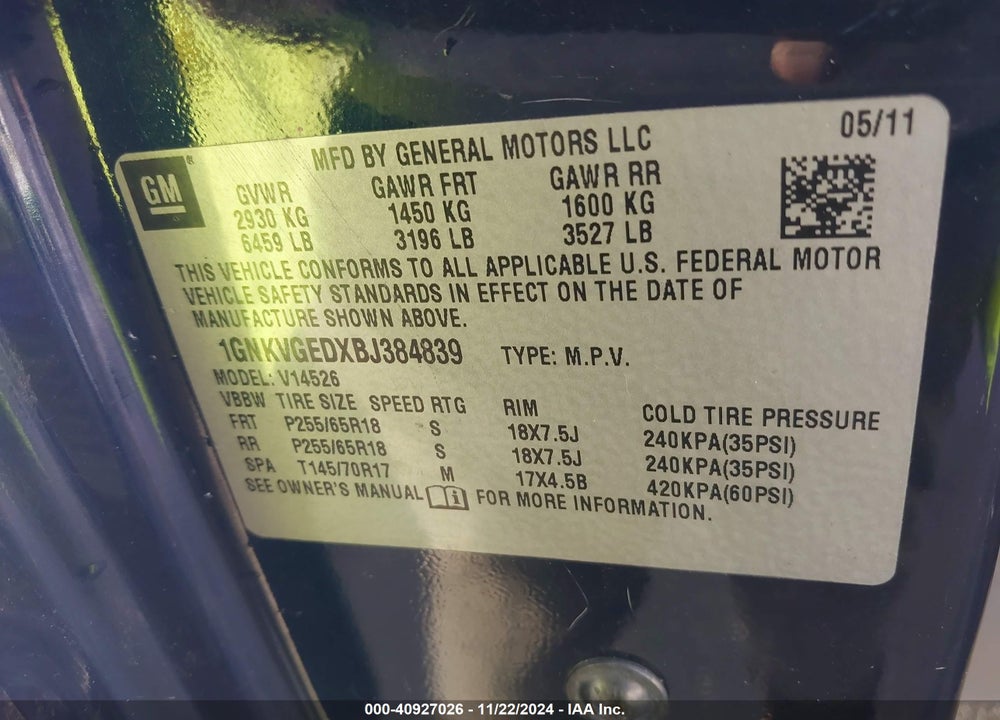 2011 CHEVROLET TRAVERSE 1LT VIN: 1GNKVGEDXBJ384839