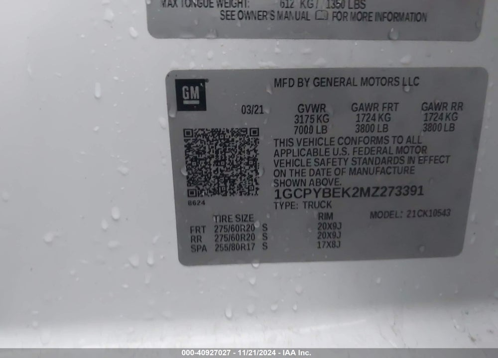 2021 CHEVROLET SILVERADO 1500 VIN: 1GCPYBEK2MZ273391