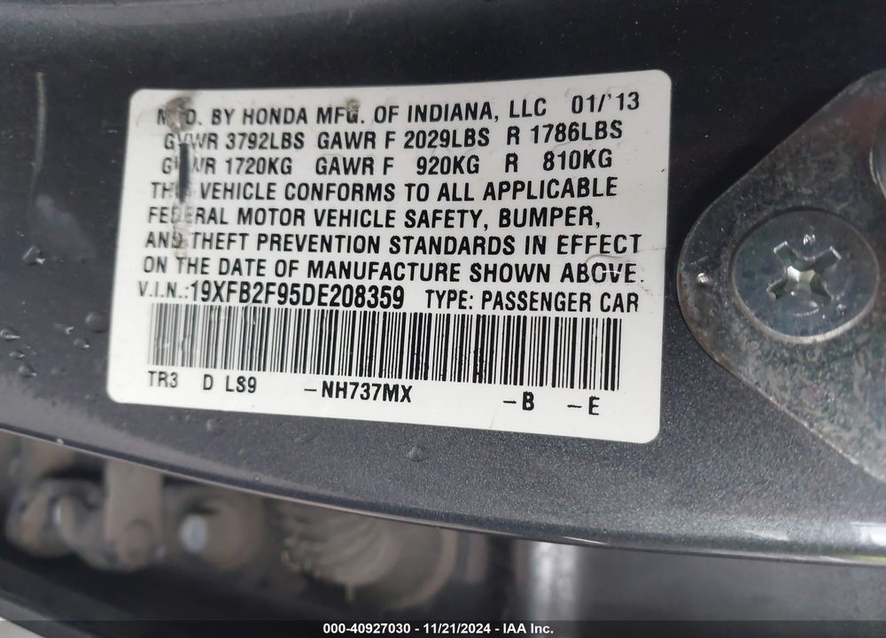 2013 HONDA CIVIC EX-L VIN: 19XFB2F95DE208359