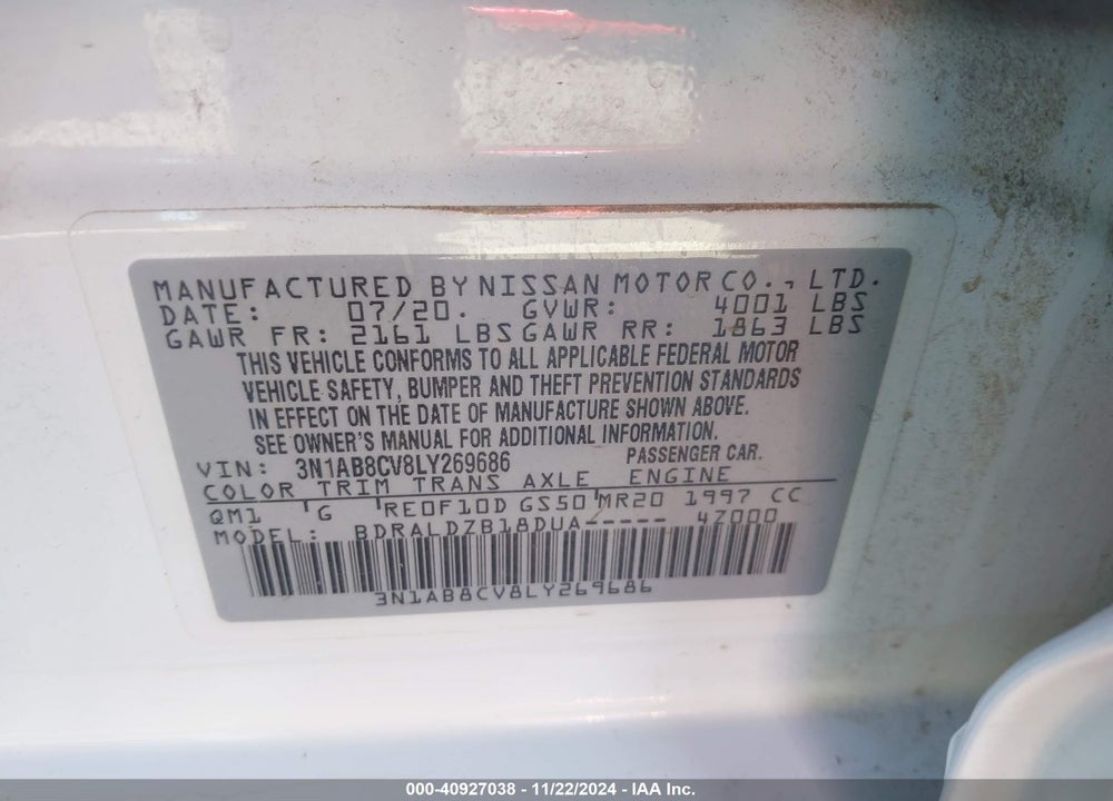 2020 NISSAN SENTRA SV XTRONIC CVT VIN: 3N1AB8CV8LY269686