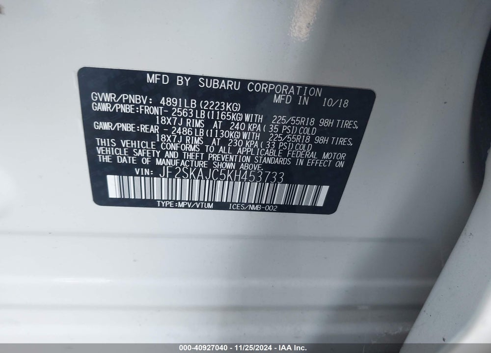 2019 SUBARU FORESTER SPORT VIN: JF2SKAJC5KH453733