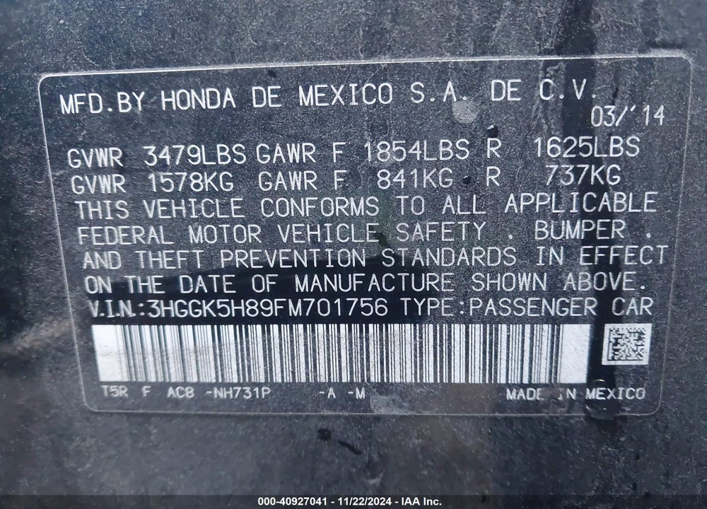 2015 HONDA FIT EX/EX-L VIN: 3HGGK5H89FM701756