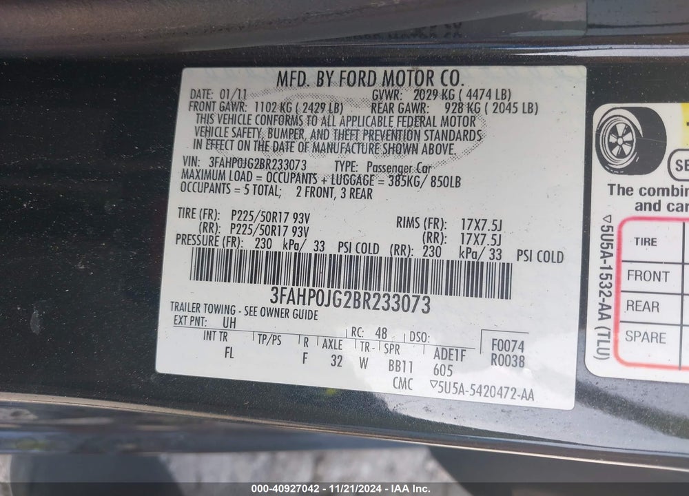 2011 FORD FUSION SEL VIN: 3FAHP0JG2BR233073