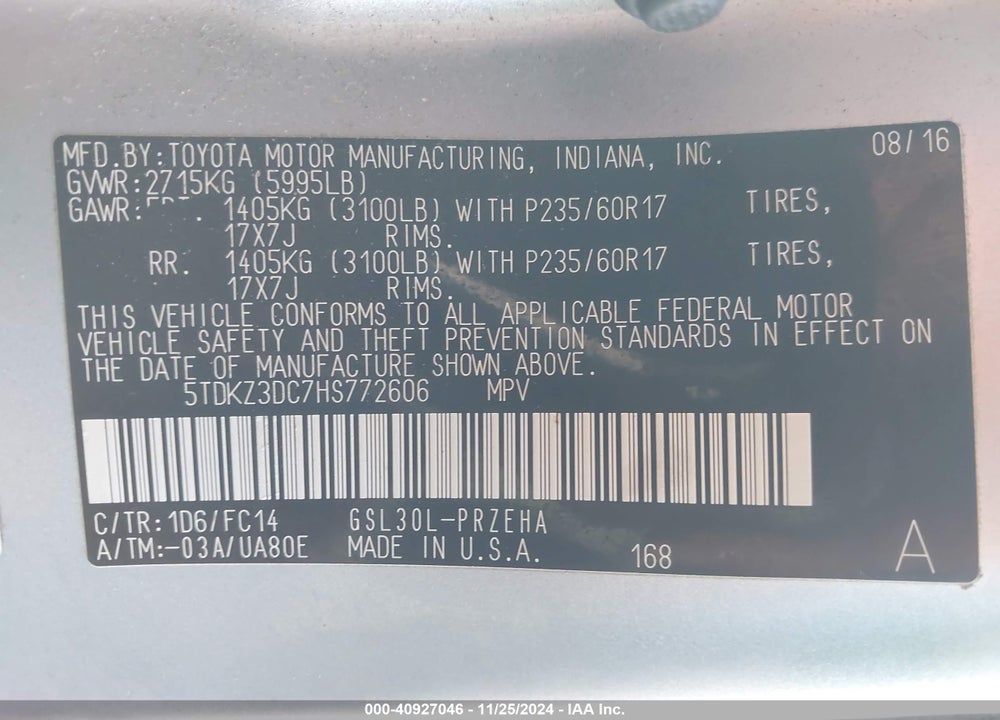 2017 TOYOTA SIENNA LE 8 PASSENGER VIN: 5TDKZ3DC7HS772606
