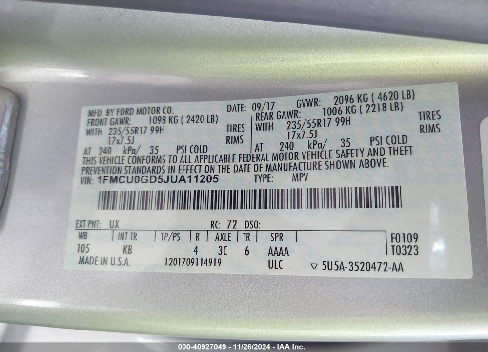 2018 FORD ESCAPE SE VIN: 1FMCU0GD5JUA11205