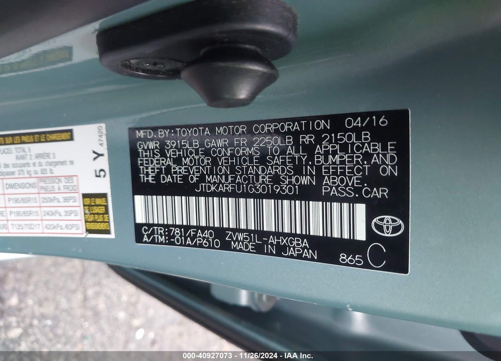 2016 TOYOTA PRIUS VIN: JTDKARFU1G3019301