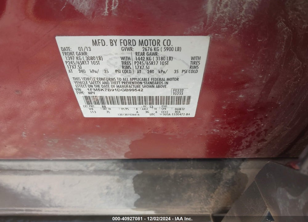 2013 FORD EXPLORER VIN: 1FM5K7B91DGB99542